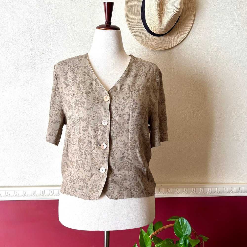 Vintage Briggs New York Paisley Buttoned Blouse 12 Taupe Brown Romantic Neutral